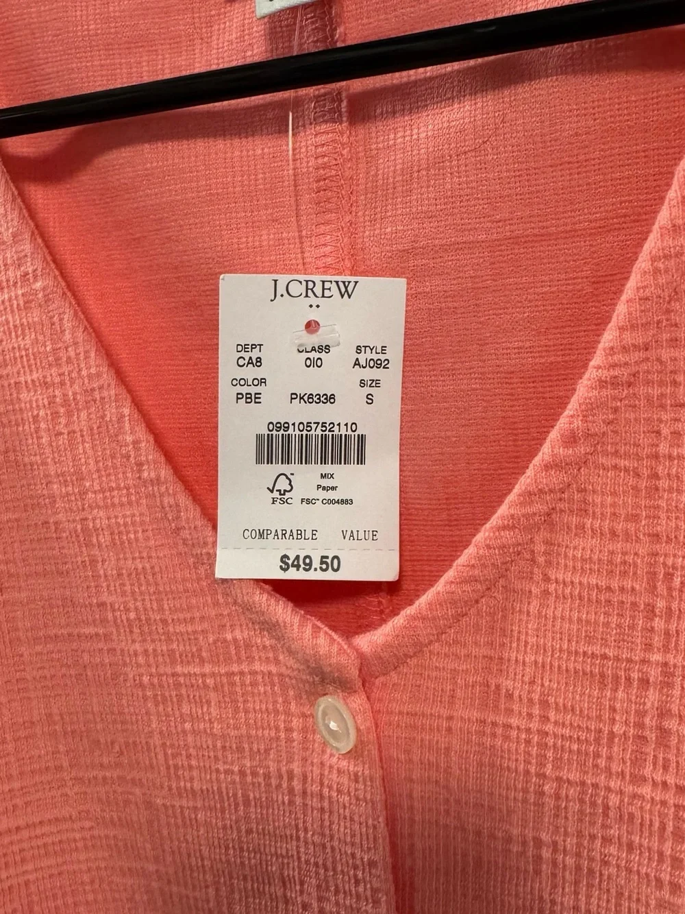 NWT! J. Crew Coral Button-Front Tie-Hem Short-Sleeve Top